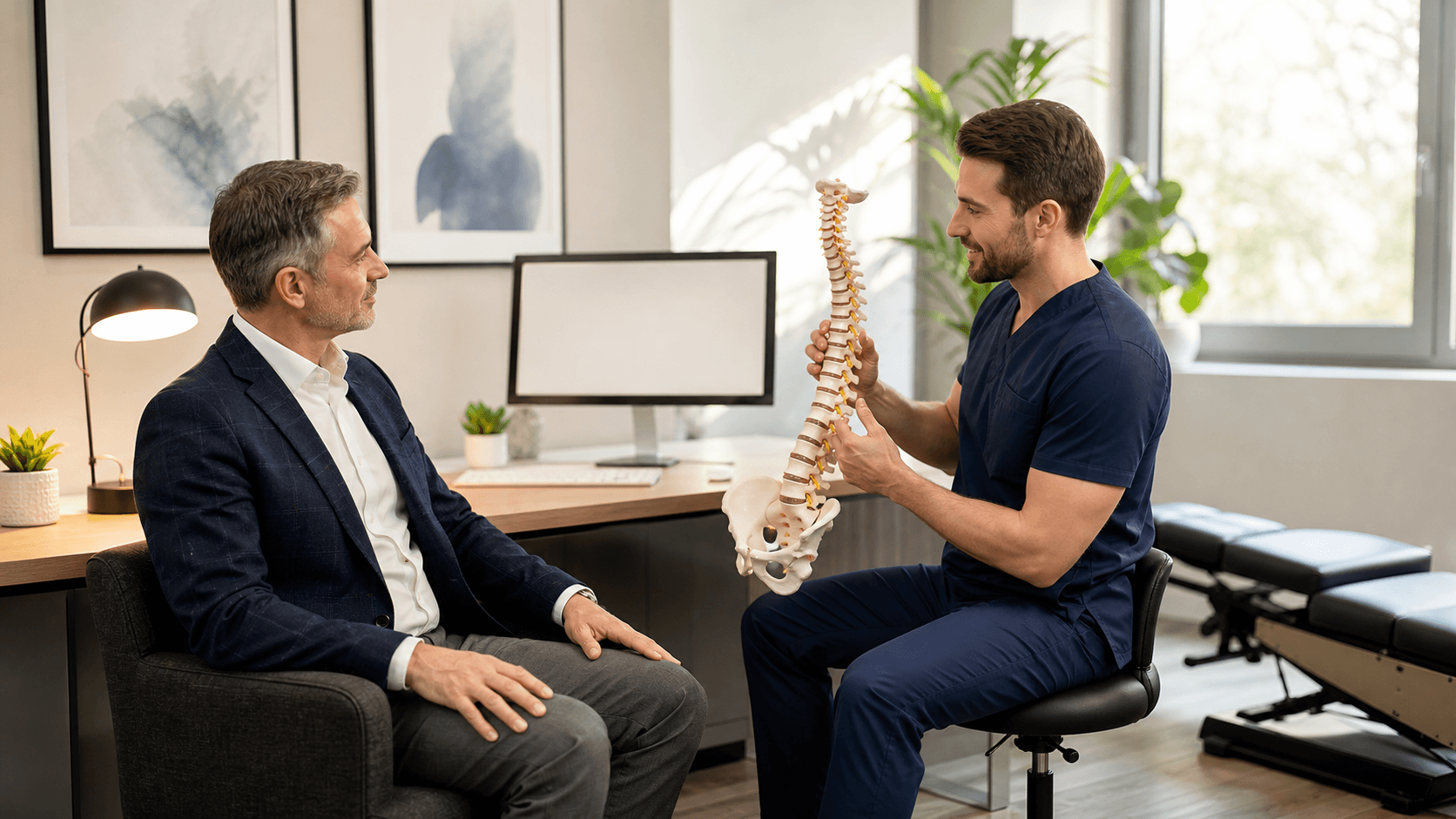 Chiropractor consulting with a suited professional in a bright, modern treatment room with anatomical charts.