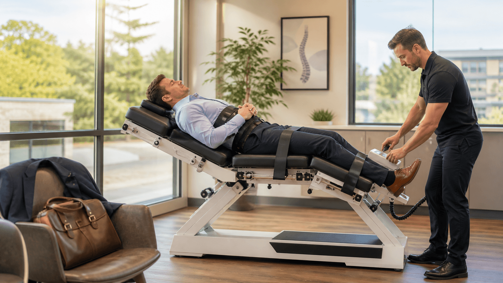 Professional receiving spinal decompression therapy on a treatment table in a bright, modern clinic