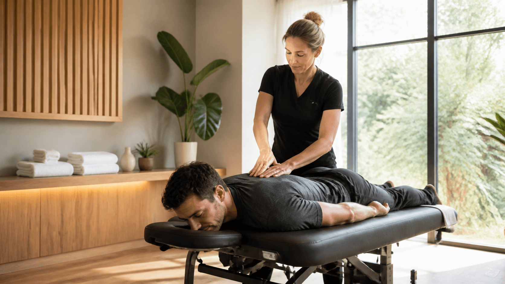 Serene massage room with a cushioned table, soft beige linens, warm lighting, and leafy green accents.