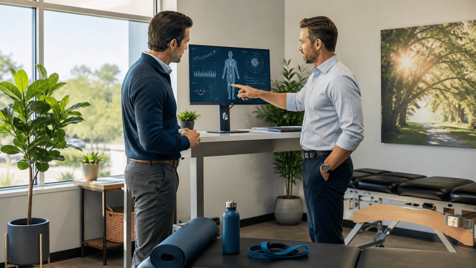 Business executive reviews health metrics on a tablet beside a green smoothie in a bright modern office.