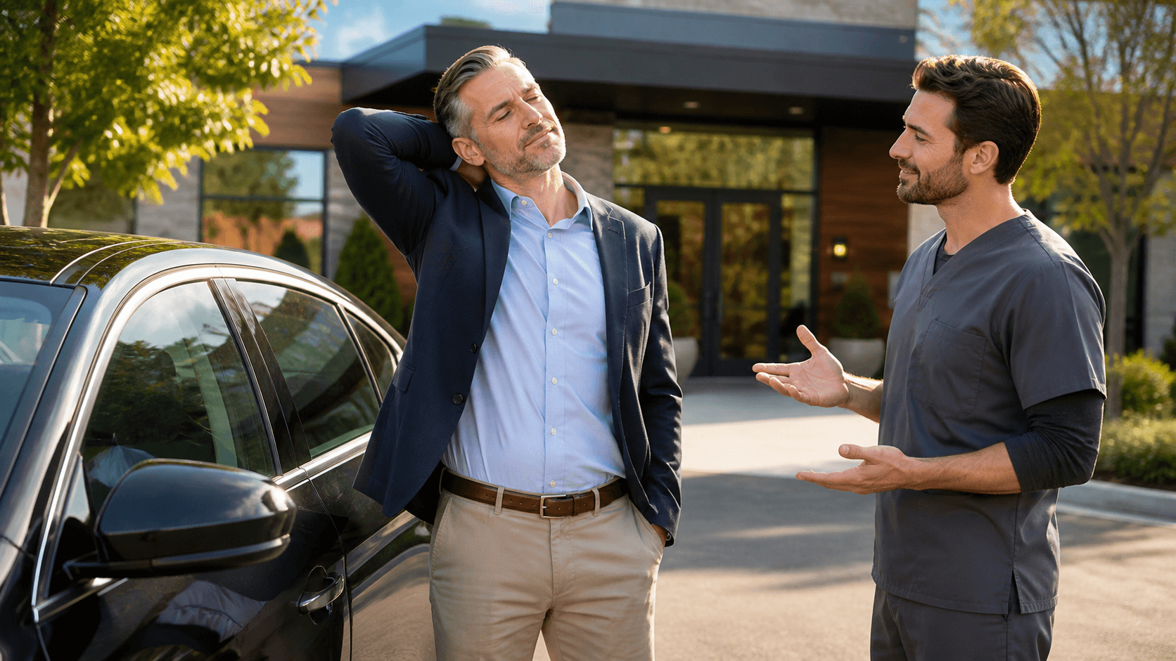 Professional man in a dark suit receiving chiropractic neck adjustment in a bright modern clinic.