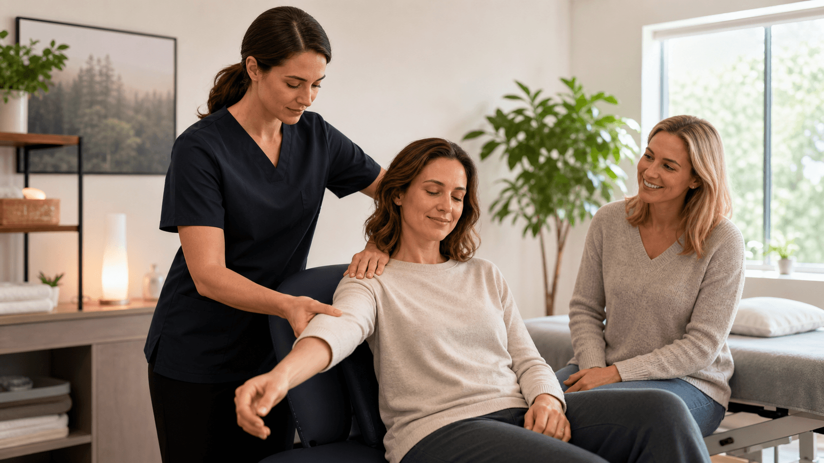 Smiling child receives a gentle shoulder massage in a bright, softly lit wellness room.