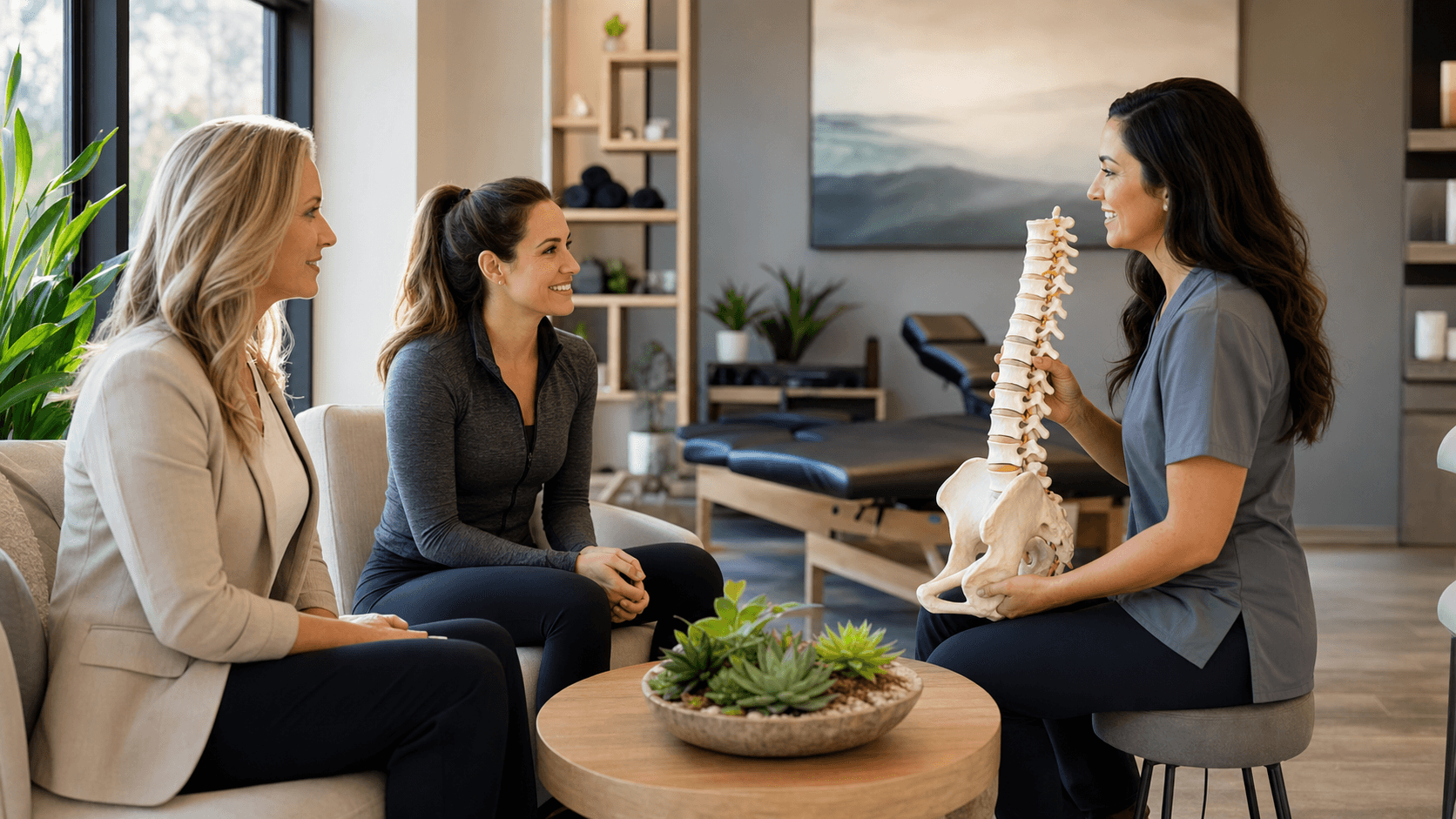 Smiling executive and mom in a bright clinic lobby, warm sunlight, soft blue accents, family-friendly decor.