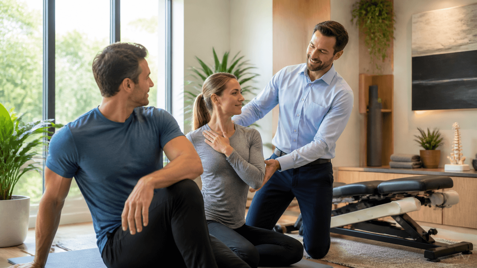 Warmly lit chiropractor consultation with a family in a modern clinic, framed by soft neutral décor.