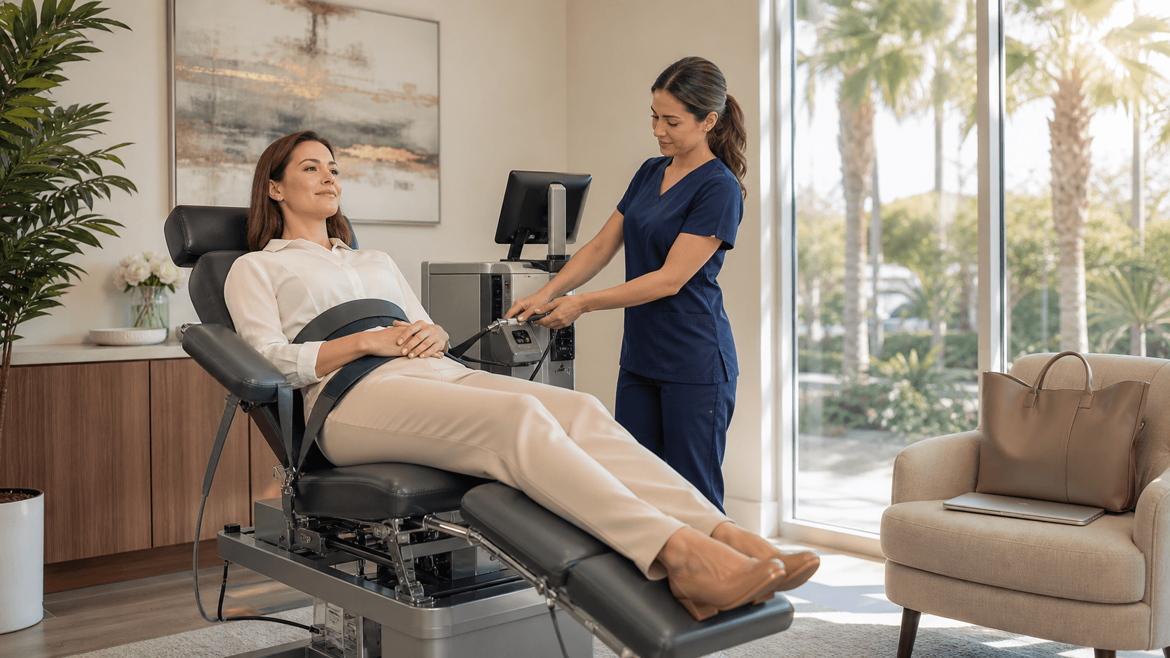 Professional woman in a bright clinic receiving spinal decompression therapy on a treatment table.