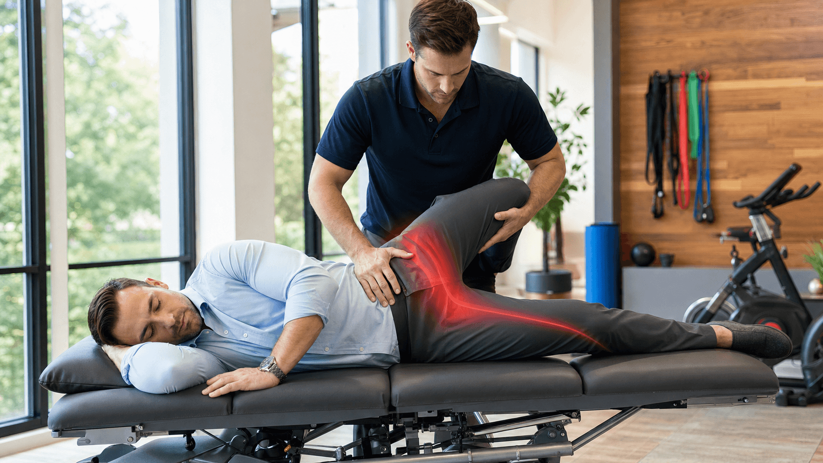 Athletic runner stretching on a mat, holding lower back with glowing red pain highlight, in bright modern gym.