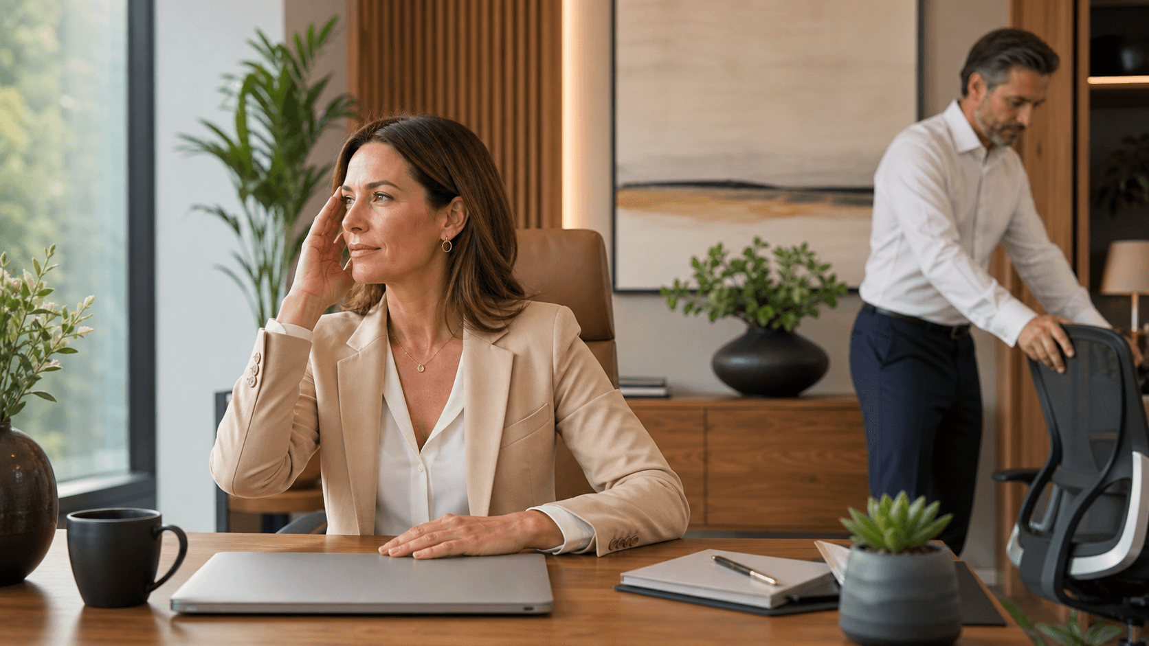 Stressed executive in a dark suit rubs his temple beside a laptop in a softly lit office.