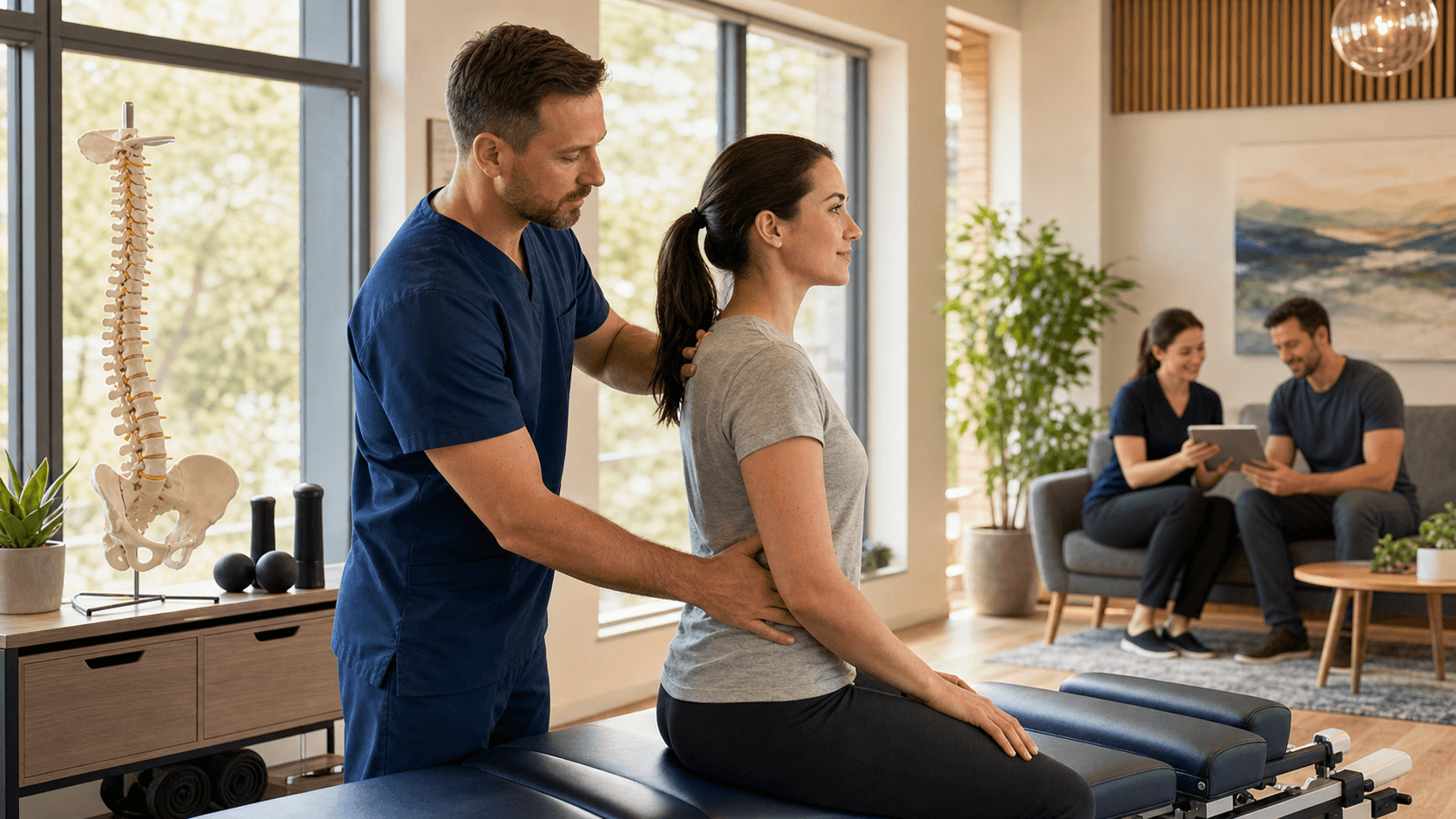 Soft-lit clinic scene with a chiropractor adjusting a patient's back on a treatment table, warm beige tones