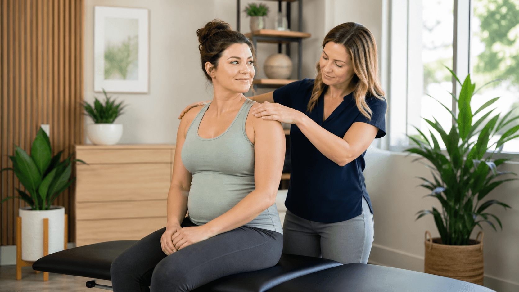 Mother holding a newborn while a chiropractor gently adjusts her back in a bright, calming clinic.